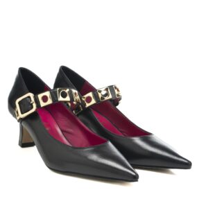Art.213 Tacco 5 cm - Suola in Gomma - Fodera Pelle - Nappa nera + Accessori Oro - Sottopiede Imbottito - 185 €