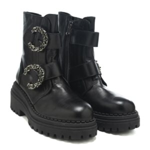 Art.273 fondo gomma 6 cm - fodera pelle - Nappa Nera + Fibbie strass cdf - sottopiede imbottito - 215 €