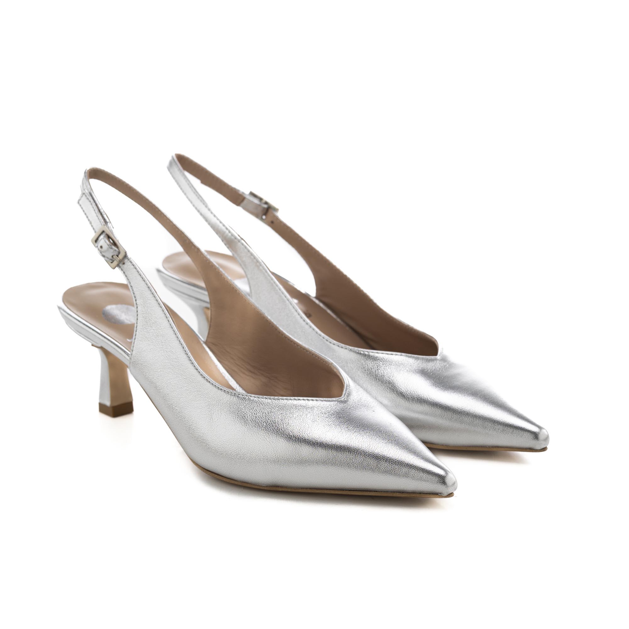 Art.310 Tacco 5 cm – Suola In gomma – Fodera Pelle – Laminato Argento – 165 €