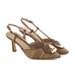 Art.323 Tacco 7 cm - Suola in Gomma - Fodera Pelle - Rafia Cuoio + Nappa cuoio + accessorio - 189 €