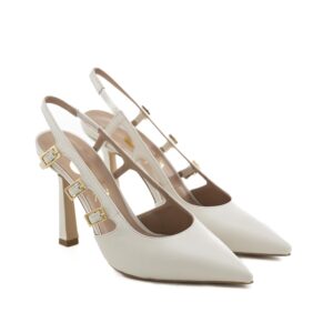 Tacco 9 cm - Suola in Gomma - Fodera Pelle - Nappa Off White - Fibbie Oro - 180 €