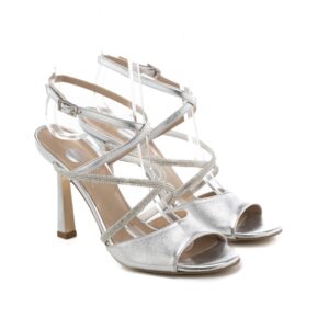 Art.358 Tacco 9 cm - suola in gomma - fodera pelle - Laminato Argento + Strass cristal - 200 €