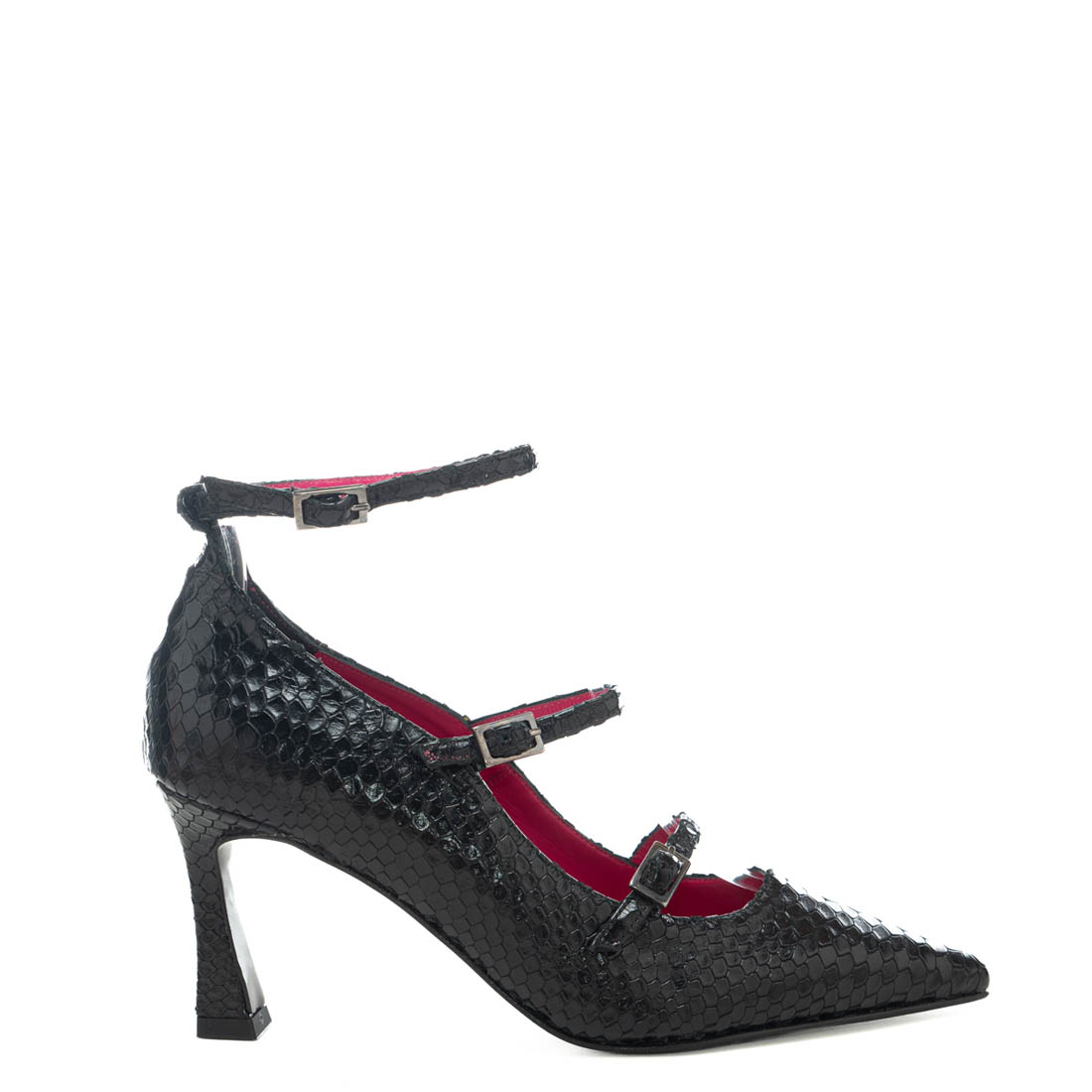 Art.409 – tacco 7 cm – Suola in gomma – Fodera Pelle – Tomaia Pitone Nero – Sott.Imbottito – 179 €