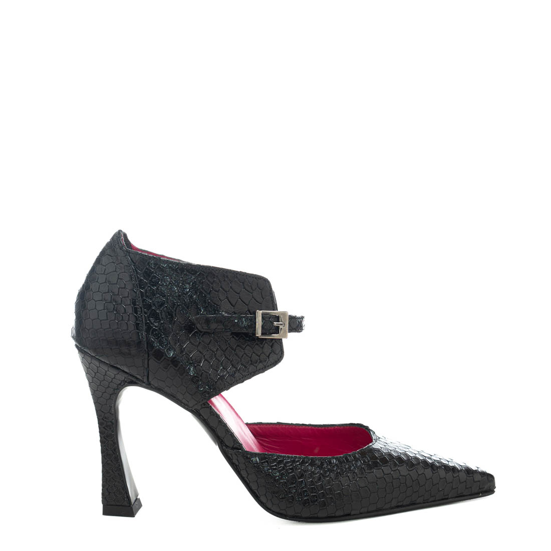 Art.414 Tacco 9 cm – suola in gomma – fodera pelle – Tomaia Pitone Nero – Sott.imbottito – 179 €