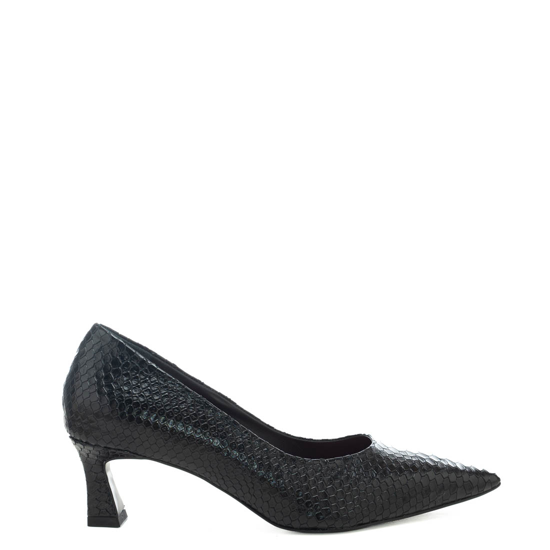 Art.429 Tacco 5 Cm – Suola in gomma – Fodera Pelle – Tomaia pitone Nero – Sott.imbottito – 169 €